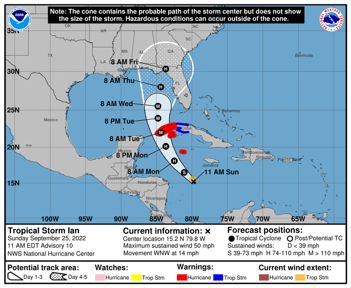 Tropical Storm Ian is expected to rapidly intensify in the Gulf of Mexico but will weaken a bit before landfall, according to the National Hurricane Center’s forecast on Sunday, Sept. 25, 2022.
