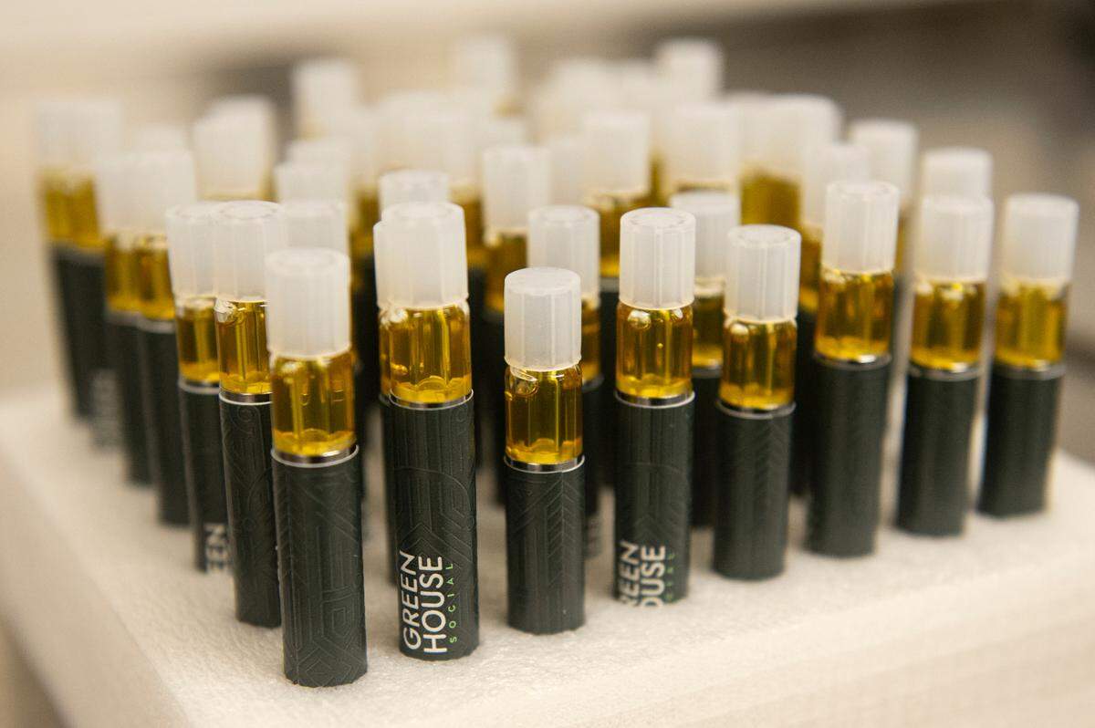 Finished vape cartridges of medical marijuana product at Green House Social in Ocean Springs on Tuesday, July 16, 2024.