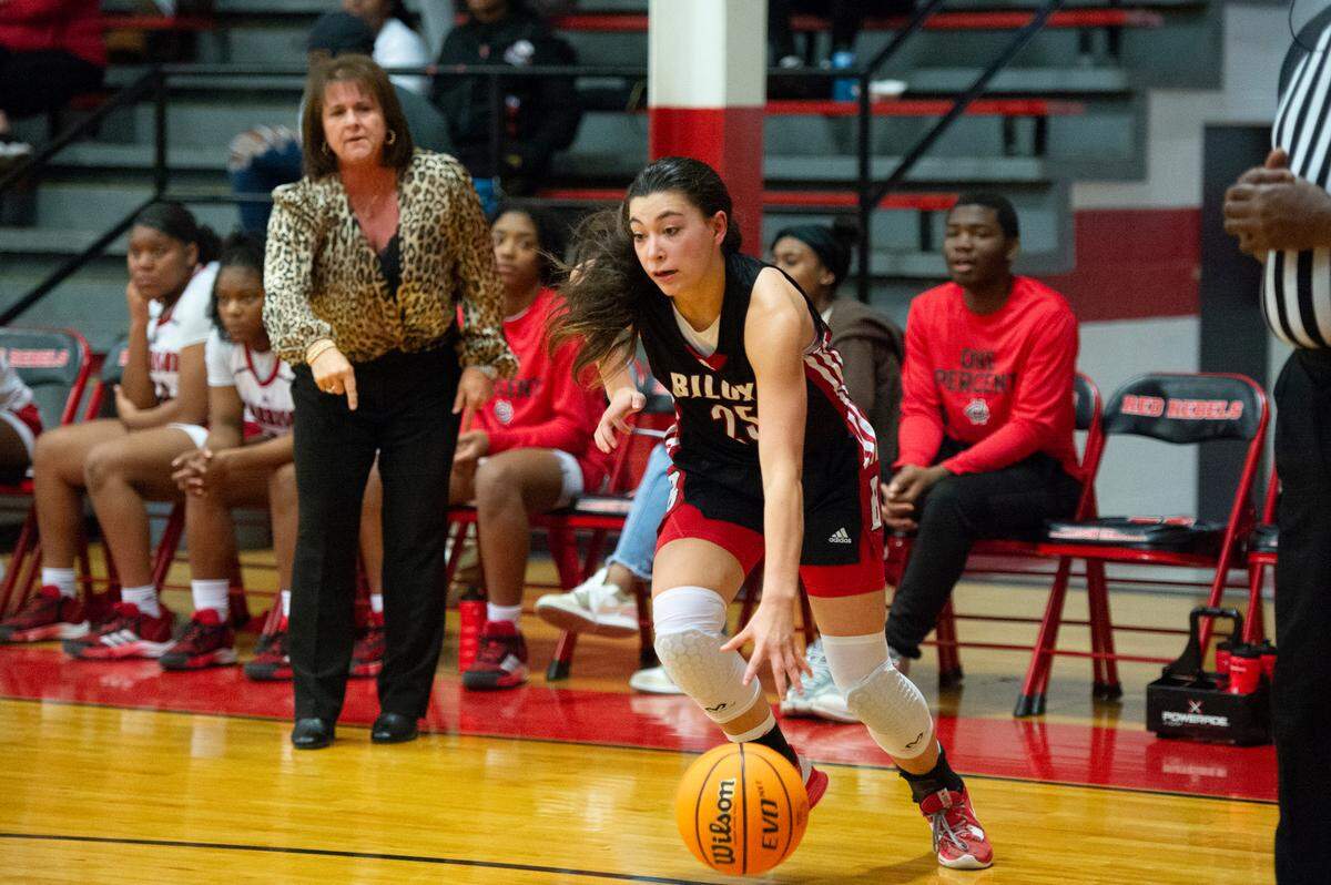 Biloxi’s Kylie Cruso dribbles the ball during a game against Harrison Central at Harrison Central High School in Harrison County on Tuesday, Dec. 12, 2023.