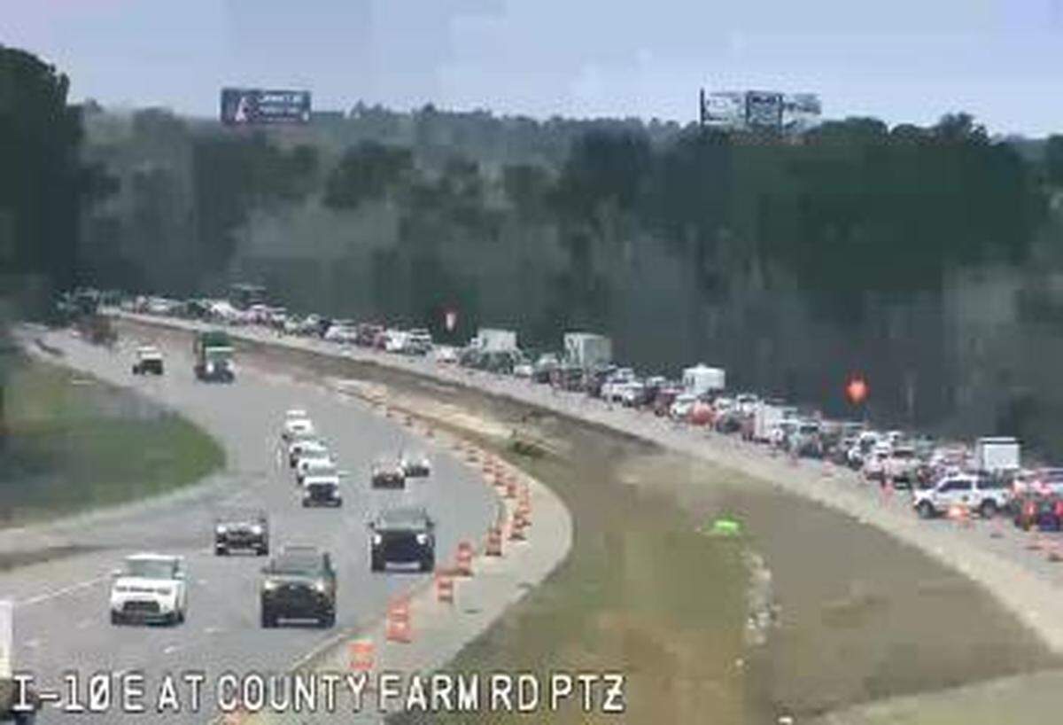 A Mississippi Department of Transportation traffic camera showed delays near Exit 28 on Interstate 10 after a camper-trailer jackknifed Friday afternoon.