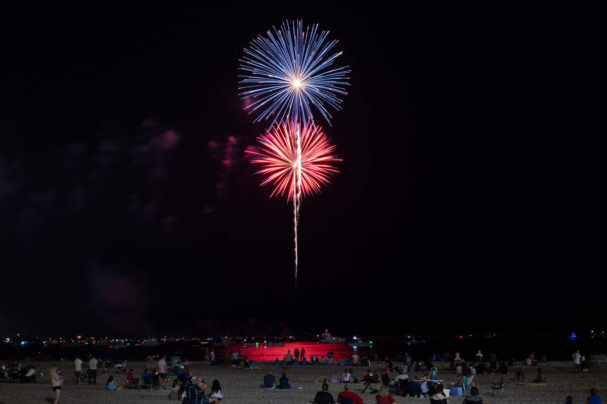 Fireworks are shot into the air during the annual show over the Mississippi Sound on Saturday, July 4, 2026.