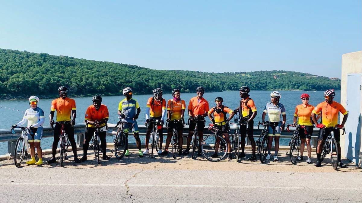 Members of Soul City Cycling, Mississippi’s Major Taylor Cycling Club, pose for a photograph during a ride in Tulsa, Oklahoma in June 2021.