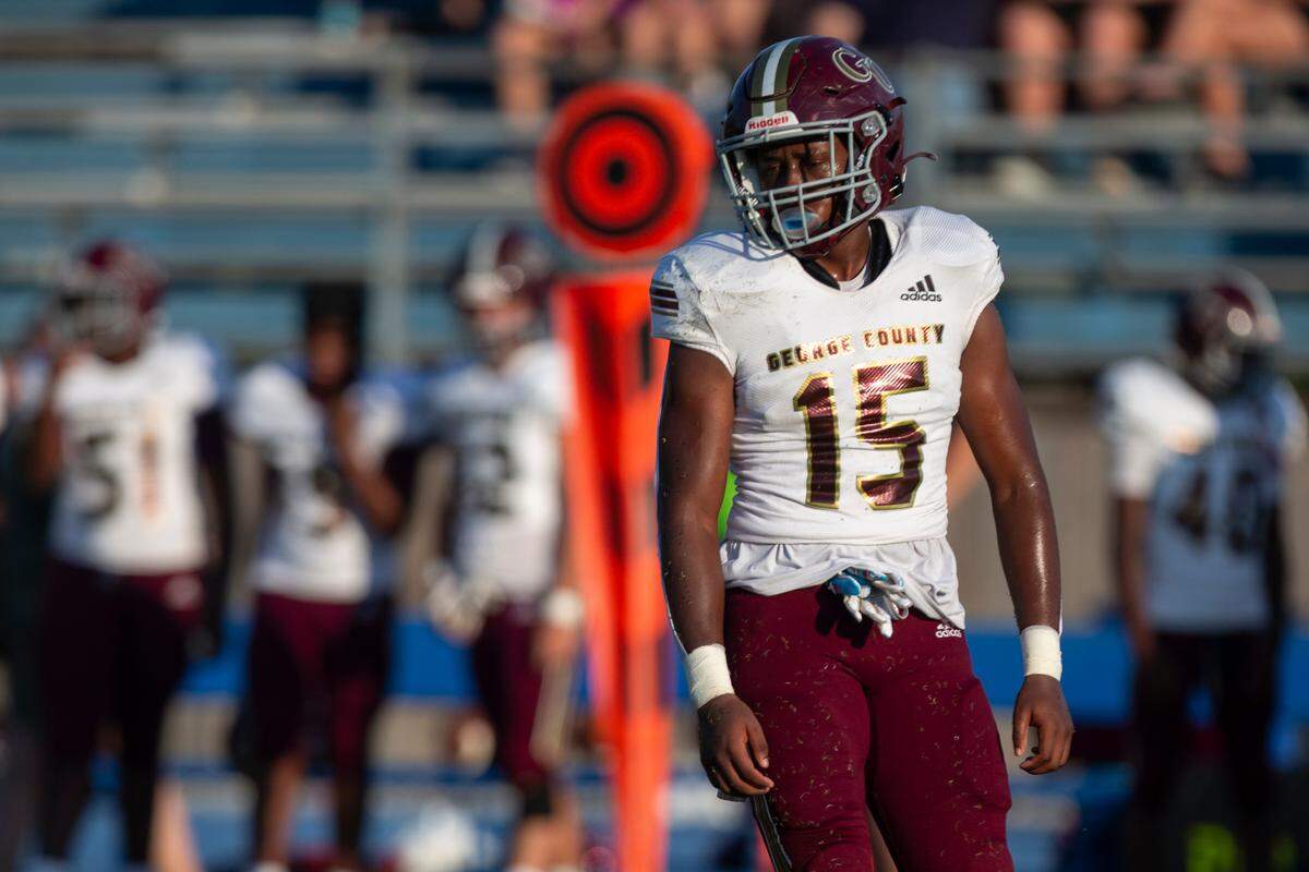 George County’s Kohl Bradley(#15) in between plays during a Jamboree game against St. Martin at St. Martin High School in Ocean Springs on Friday, Aug. 23, 2024.