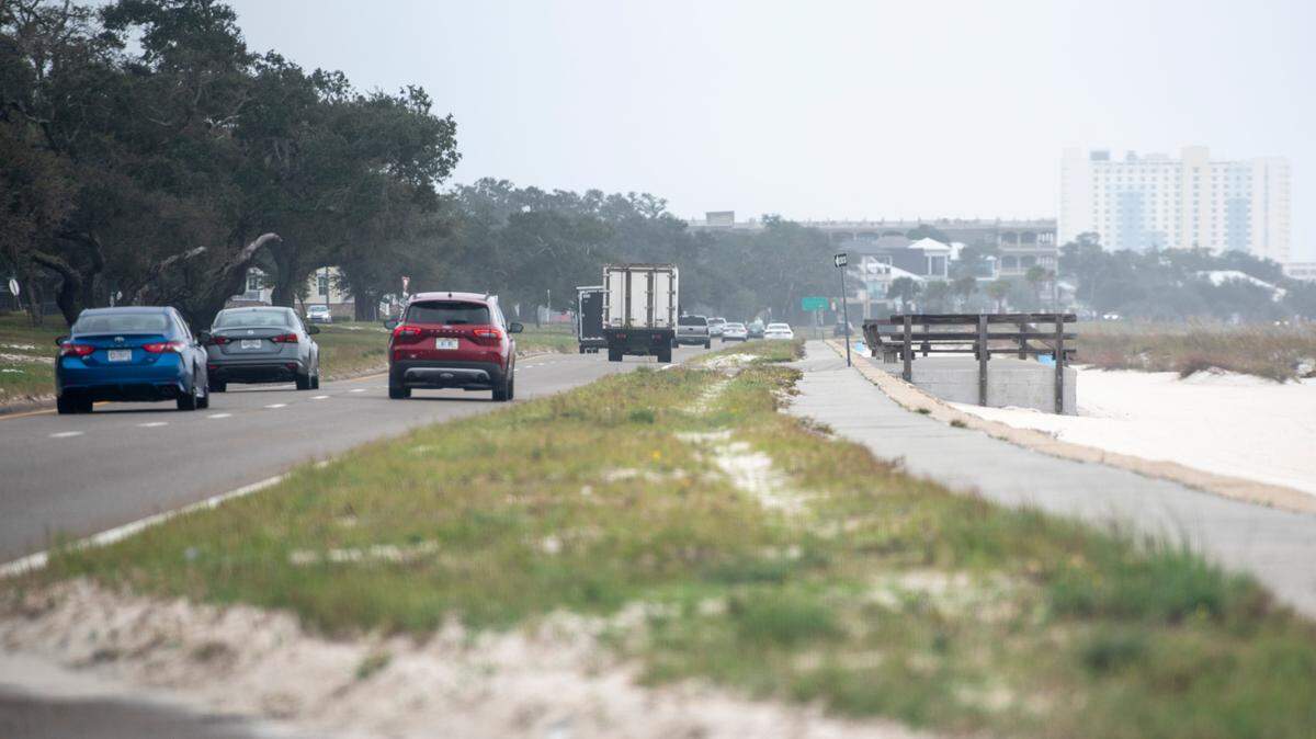Cars travel Highway 90 in Gulfport on Wednesday, Nov. 13, 2024. A seawall project on Highway 90 in Pass Christian may extend to other parts of the county in an attempt to keep sand and storm surge off of Highway 90.