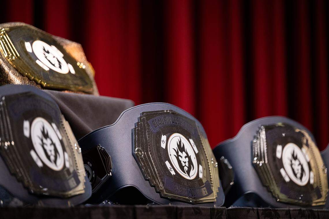 Belts await the winners of the remaining poker games at the 2026 Beau Rivage Heater in Biloxi on Thursday, Jan. 15, 2026.