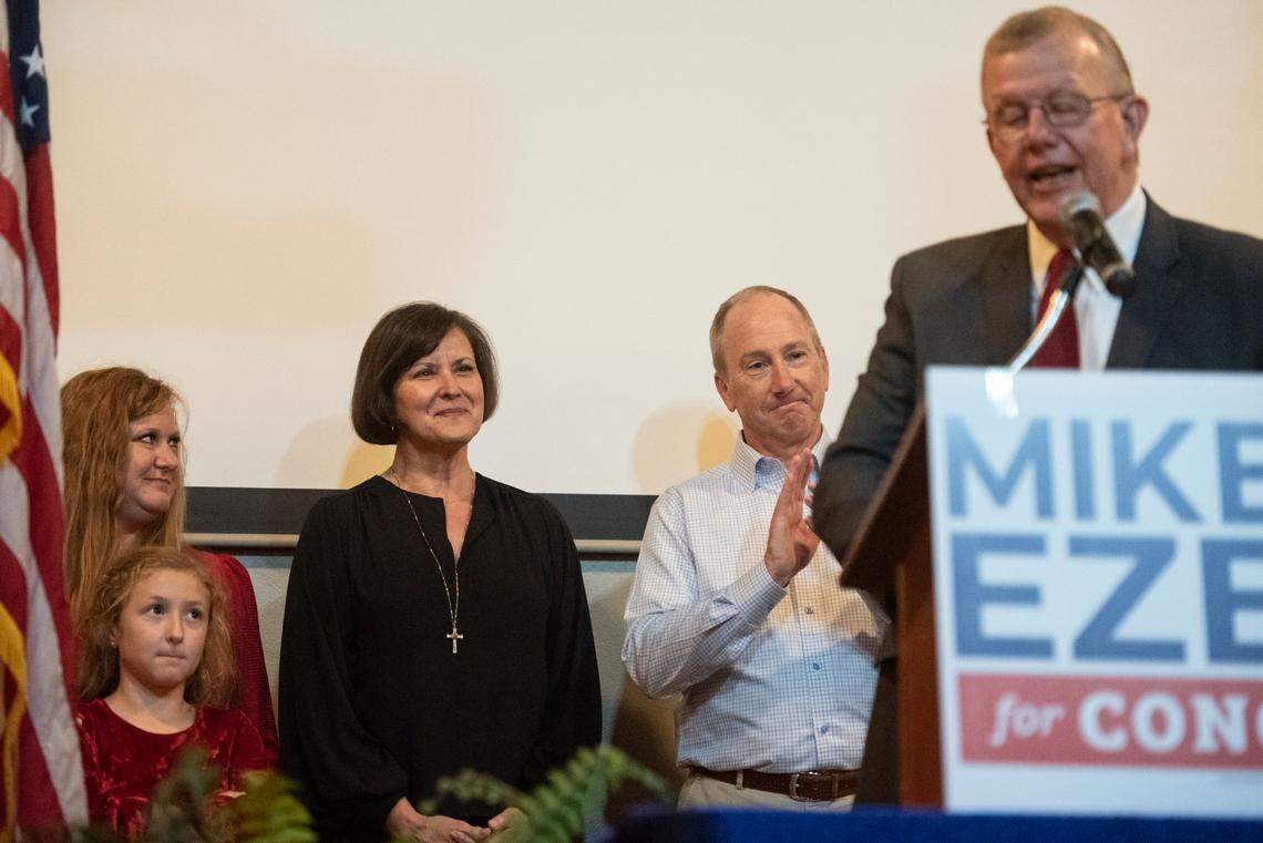 Suzette Ezell looks on as Jackson County Sheriff Mike Ezell makes his victory speech in Mississippi’s 4th Congressional District race on election night at Grand Magnolia Ballroom and Suites in Pascagoula on Tuesday, Nov. 8, 2022.