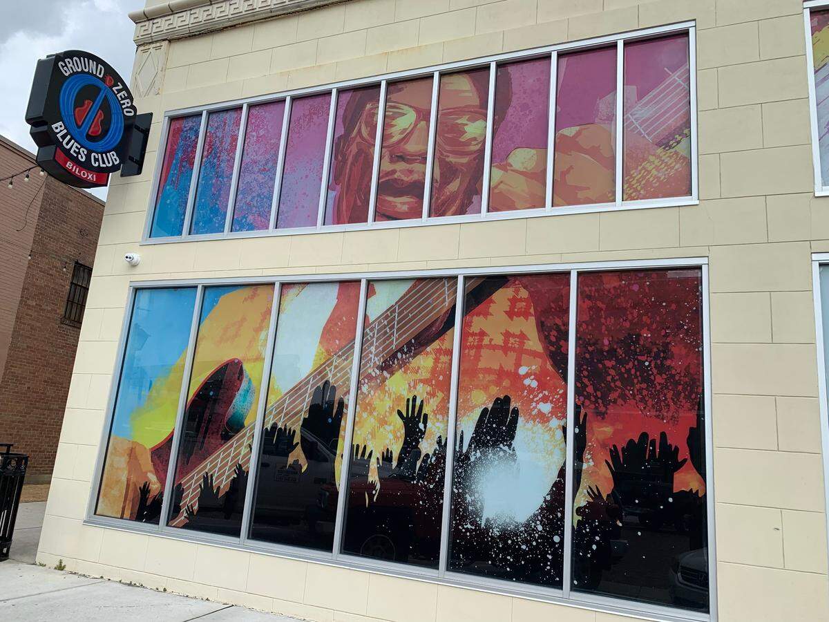 A blues mural covers the windows of Ground Zero Blues Club on Howard Avenue in Biloxi. A mural concert and fundraising concert are planned in downtown Biloxi Saturday.