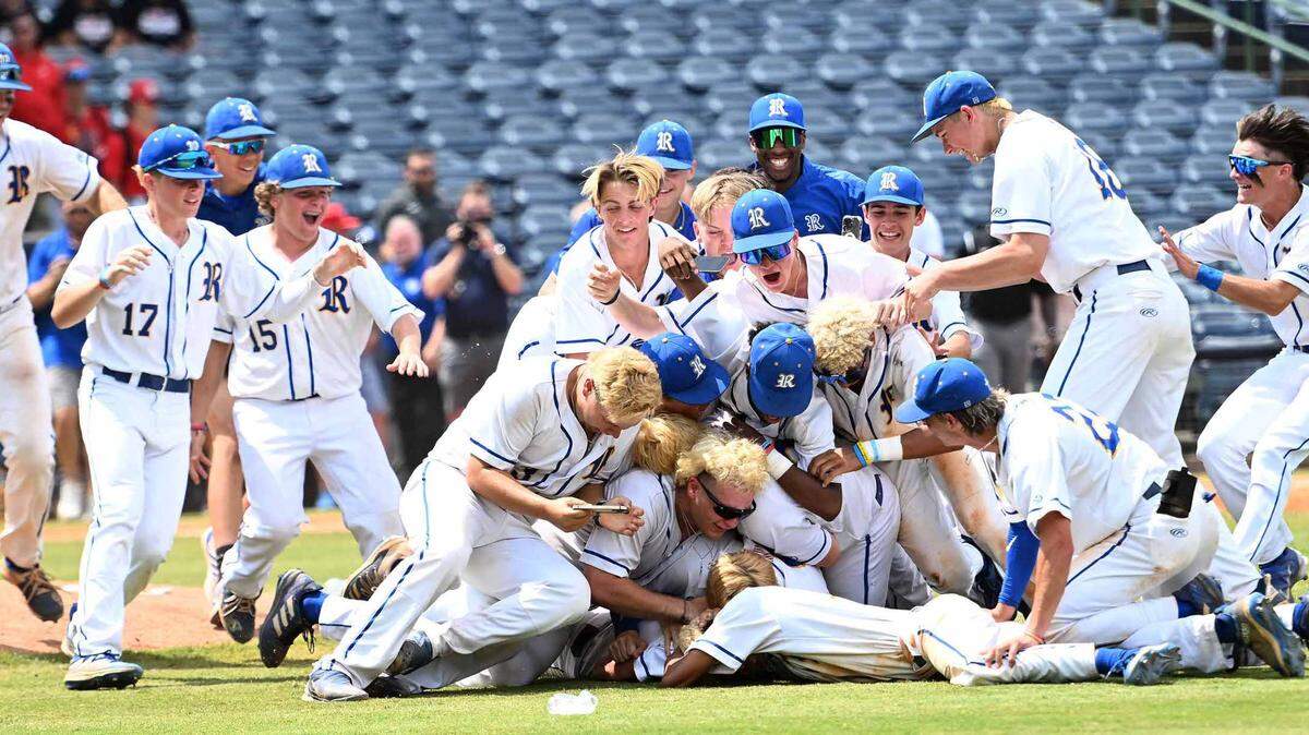 The Resurrection Catholic Eagles celebrate winning the MHSAA Class 1A Baseball State Championship over West Union on Thursday, June 1, 2023, at Trustmark Park in Pearl, Miss.