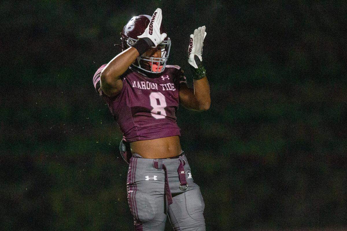 Picayune’s BJ Ducre reacts after a play during a playoff game between Picayune and George County at Lee-Triplett Stadium in Picayune on Friday, Nov. 22, 2024.