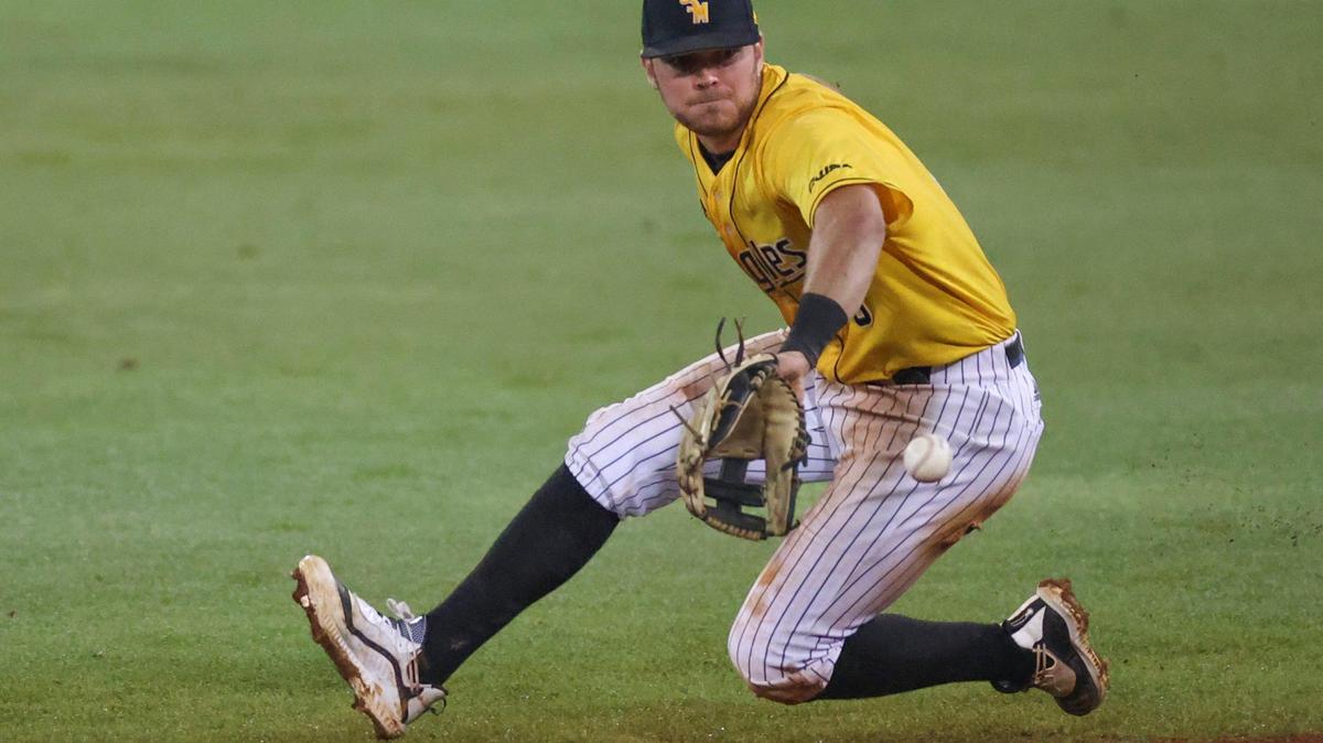 Southern Miss infielder Will McGillis (6) snags a ground ball for the second out of the ninth inning during an NCAA Baseball Oxford Regional game between Ole Miss and Southern Miss at Swayze Field, Oxford, MS, Sunday, June 6, 2021.