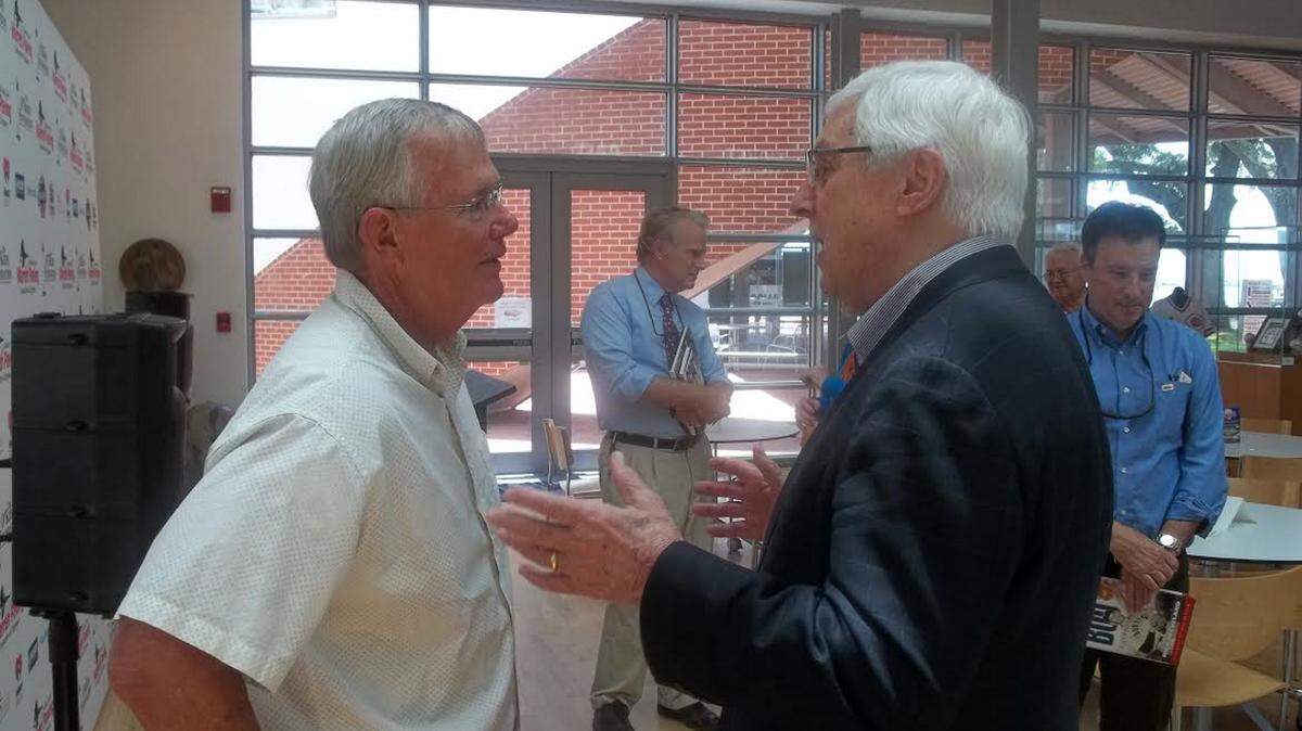 VETO ROLEY/SPECIAL TO THE SUN HERALD 
 Rick Cleveland speaking with Kent Lovelace about Mississippi baseball on Friday at the Ohr-O'Keefe Museum in Biloxi. Cleveland, a longtime sports writer and editor in the state, was the opening speaker in six-month luncheon series.