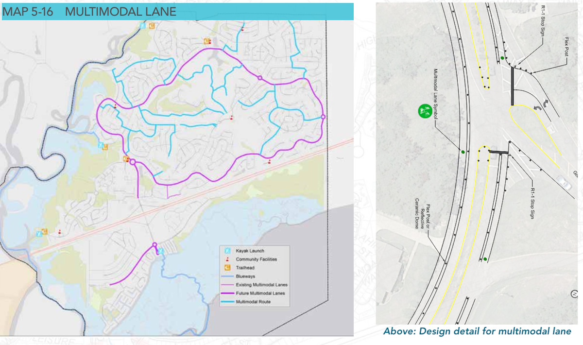 A screenshot from the city’s “Envison Diamondhead 2040” plan shows the location of the new lane, which the city calls a “multimodal lane,” and a design rendering of the lane on Diamondhead Drive.