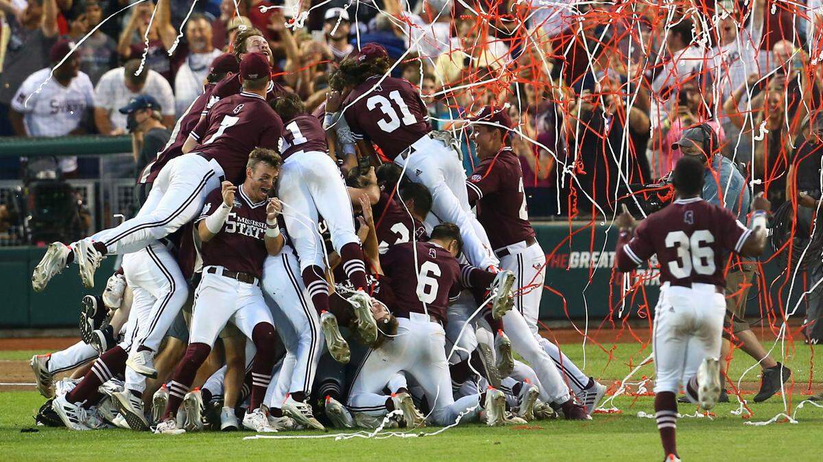 Mississippi State celebrates after winning the College World Series 9-0 against Vanderbilt in the deciding Game 3 Wednesday, June 30, 2021, in Omaha, Neb. (AP Photo/John Peterson)