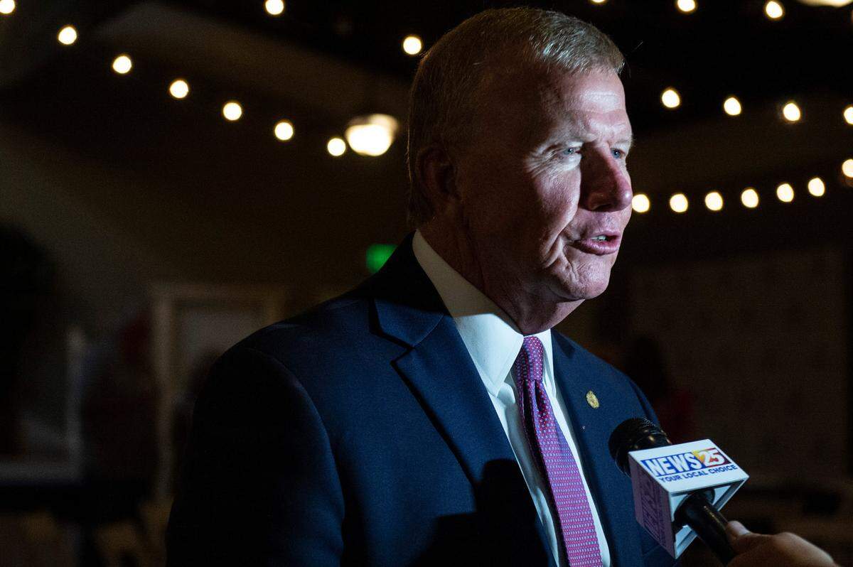 Sheriff Mike Ezell talks with local media after winning the primary runoff election for Mississippi’s 4th Congressional District at The Grand Magnolia Ballroom in Pascagoula on Tuesday, June 28, 2022.