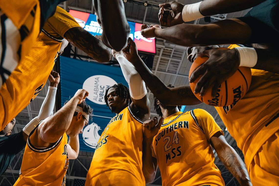 Southern Miss players huddle before taking on South Alabama on Feb. 28, 2024. The game one of two games mentioned in an indictment with accusations of point-shaving against some USM players.
