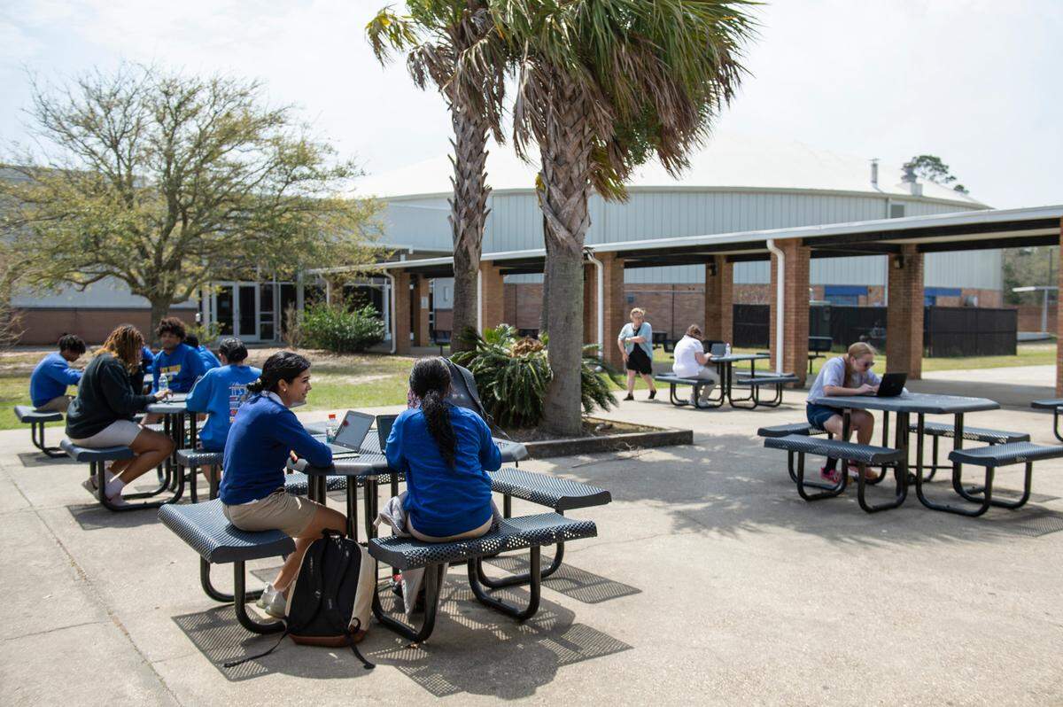 A Bay High class has class outside in Bay St. Louis on Tuesday, March 22, 2022. Many classes at Bay High take every opportunity to have class outside, as many of the buildings don’t offer adequate temperature control.