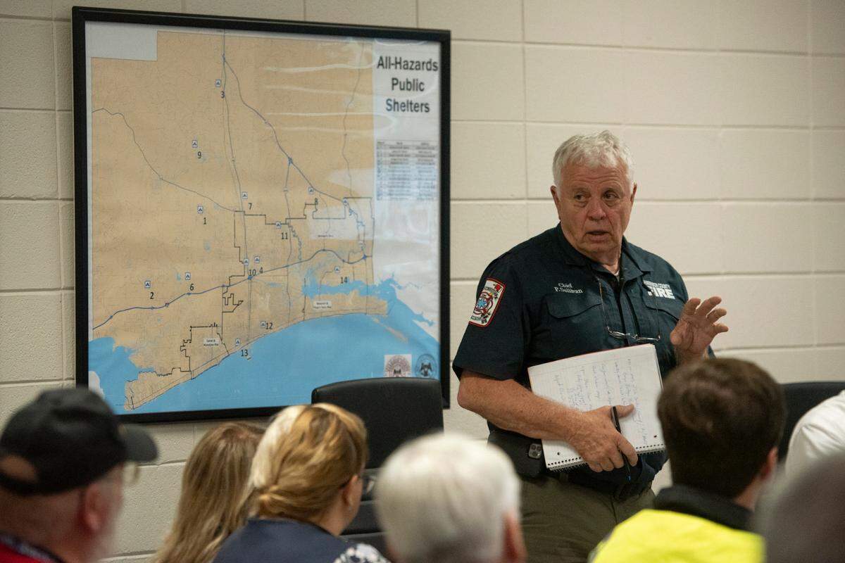 Harrison County Fire Chief Pat Sullivan speaks during the Harrison County emergency operations meeting in Gulfport on Wednesday, Sept. 11, 2024, prior to Hurricane Francine’s landfall.