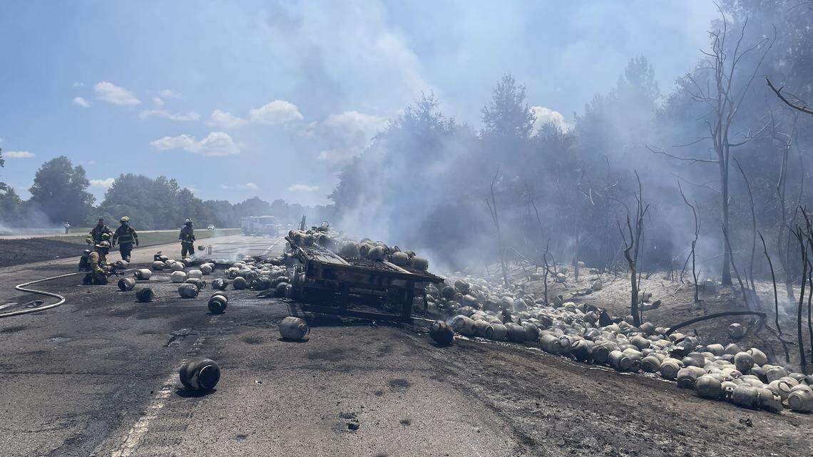 Propane bottles explode in fiery crash on I-59, blocking lanes of traffic near Poplarville