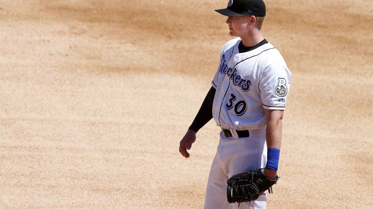 TIM ISBELL/SUN HERALD 
 Garrett Cooper has played multiple positions as a Shucker. He has played first base and the outfield.