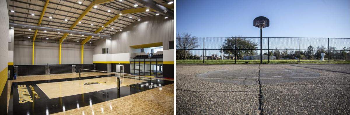 University of Southern Mississippi’s new $7 million volleyball facility paid for with money intended to serve the poor. Right: an outdoor basketball court in an undeserved community three miles east of campus.