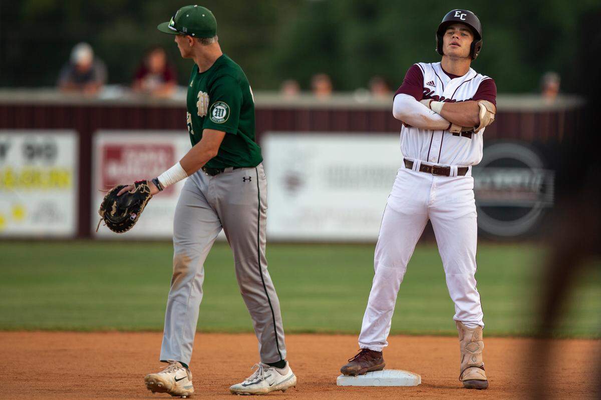East Central’s TJ Dunsford reacts after making it to second base in the 5A South State championship game at East Central High School in Hurley on Tuesday, May 23, 2023.