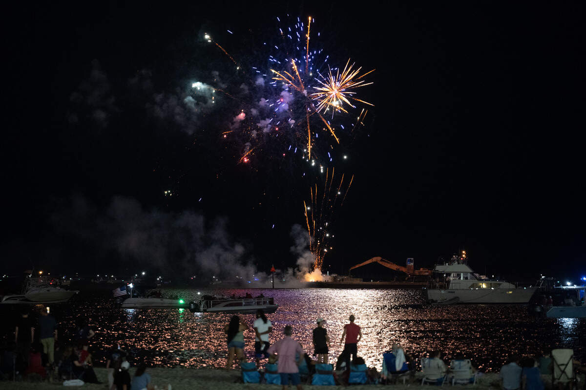 Fireworks are shot into the air during the annual firework show over the Mississippi Sound on Saturday, July 4, 2026.