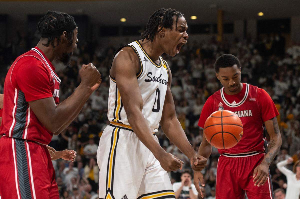 Southern Miss’s Tyler Moran celebrates after scoring during a game against Louisiana-Lafayette at Reed Green Coliseum on Thursday, Feb. 9, 2023.
