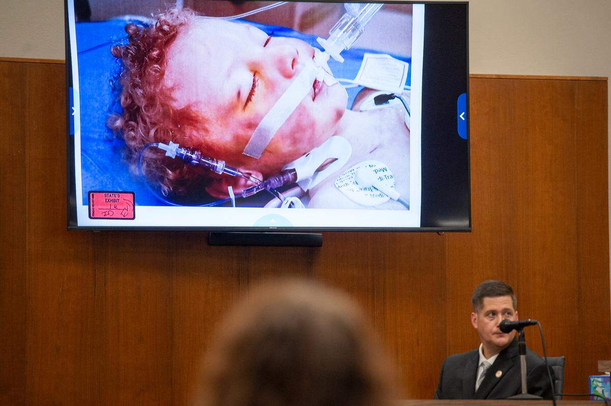 A photo of 2-year-old Hayden Bataille after his death is shown during investigator Aaron Allen’s testimony during Joseph David Heard’s trial for capital murder in the death of Hayden Bataille in Harrison County Circuit Court in Biloxi on Wednesday, May 8, 2024.