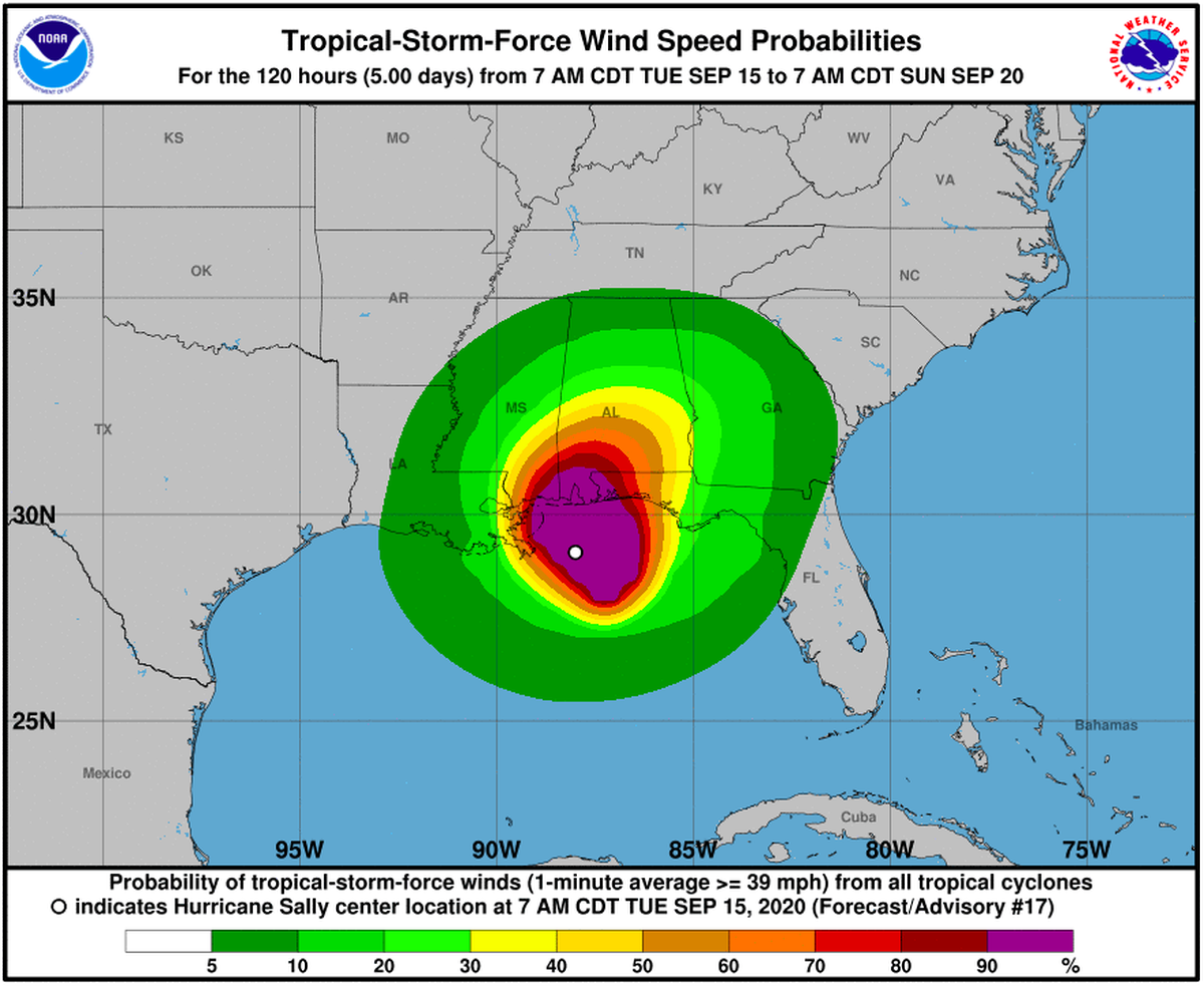 Tropical storm-force wind speed probabilities as of 1 p.m. Tuesday