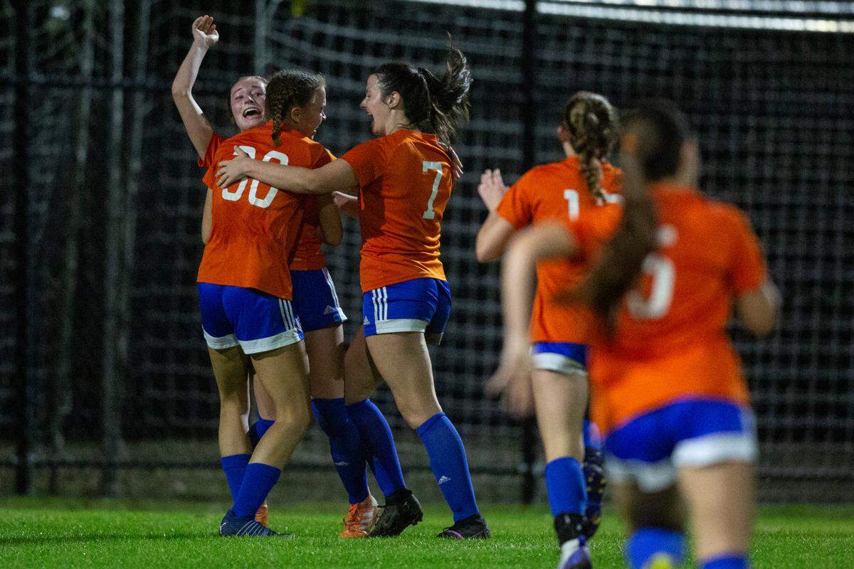 Gulfport celebrates Mary Frances Symmes goal in the second half of the 6A South State Championship game in Gulfport on Tuesday, Jan. 31, 2023.