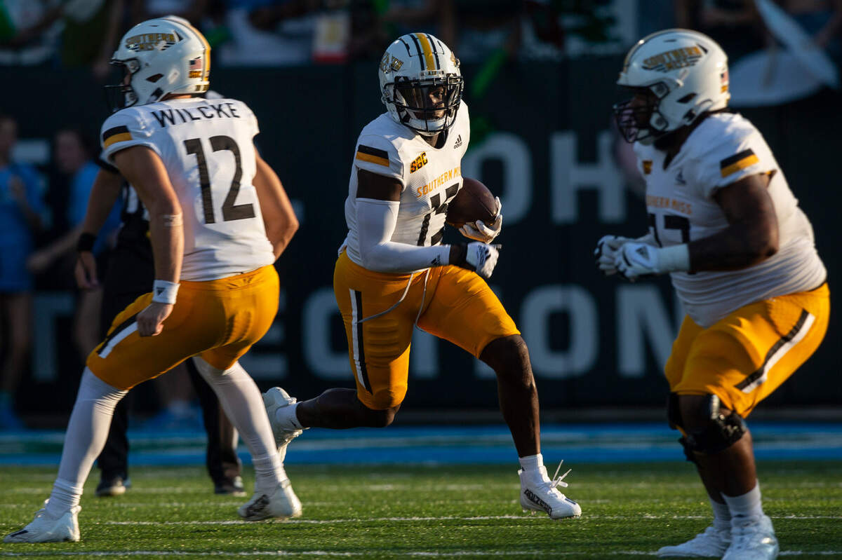 Southern Miss Golden Eagles wide receiver Jakarius Caston (15) runs the ball down the field during a game against Tulane at Yulman Stadium in New Orleans on Saturday, Sept. 24, 2022.