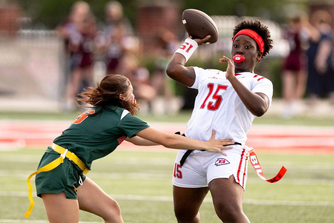 Biloxi’s Taylor Hannah (15) passes the ball during a flag football game at Harrison Central High School on Thursday, April 23, 2026.