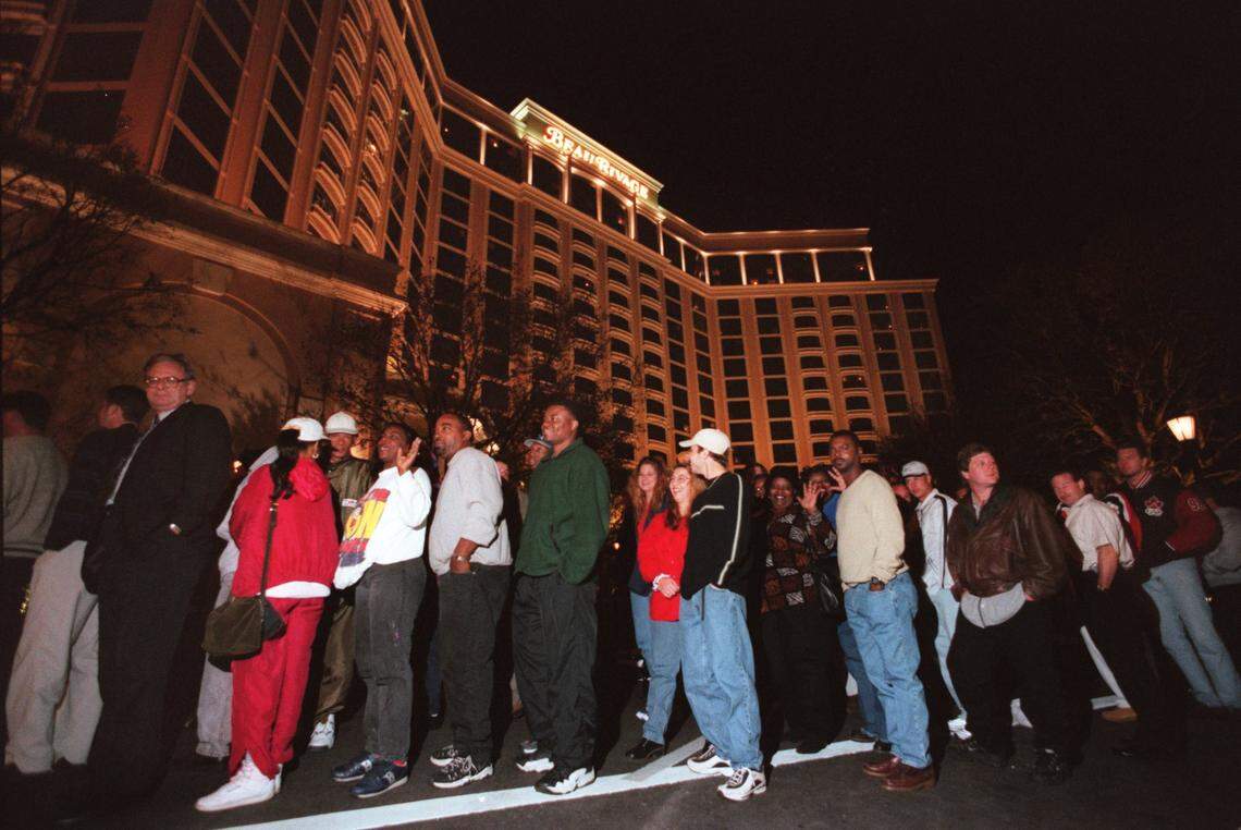 Patrons stand in line to get into the Beau Rivage casino for opening night in March 1999. Police estimated about 1,000 people stood in front of the casino for up to three hours to get in after the midnight opening and another 2,000 were in line in the parking garage.