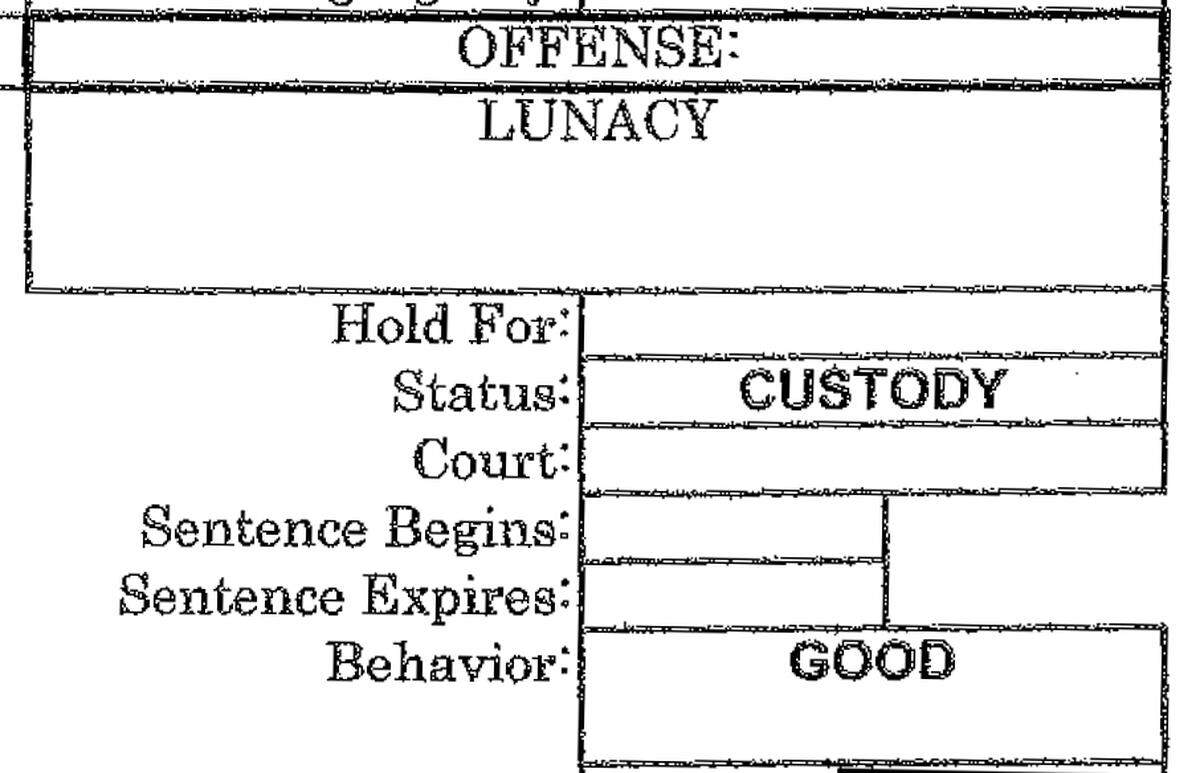 The booking form for Jimmy Sons, identifying his “offense” as “lunacy”