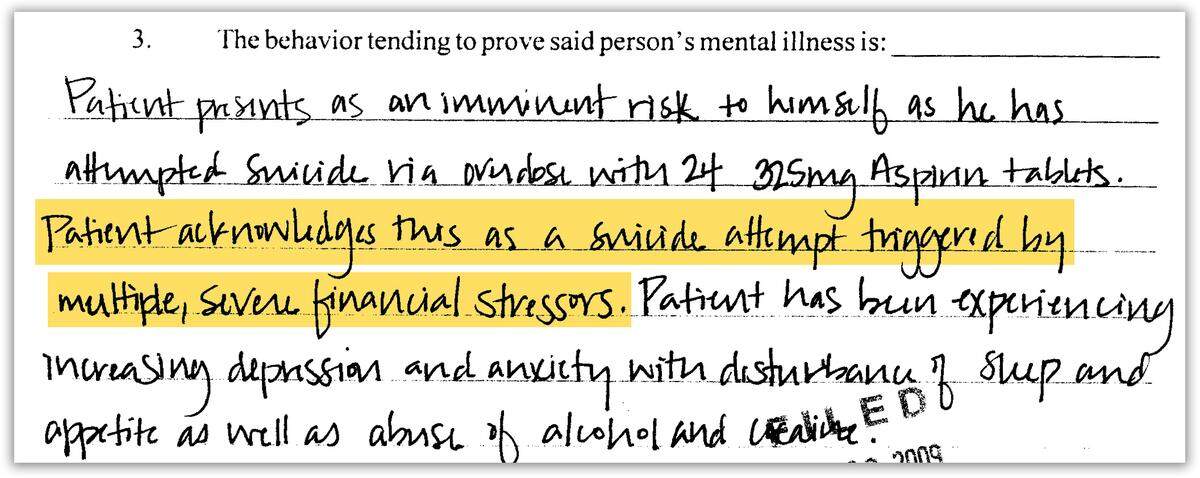 A contractor working for Baptist-DeSoto filed this affidavit in 2009 initiating commitment proceedings against a patient, who was then taken to jail to await treatment. Mississippi Today and ProPublica reviewed about 200 court files from around that time in which someone working on behalf of the hospital filed paperwork to commit a patient; in most of those cases, the patient was taken to jail.
