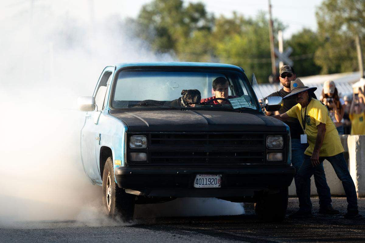 A truck creates smoke during Burn ‘Em Up In The Pass on Thursday, Oct. 9, 2025.