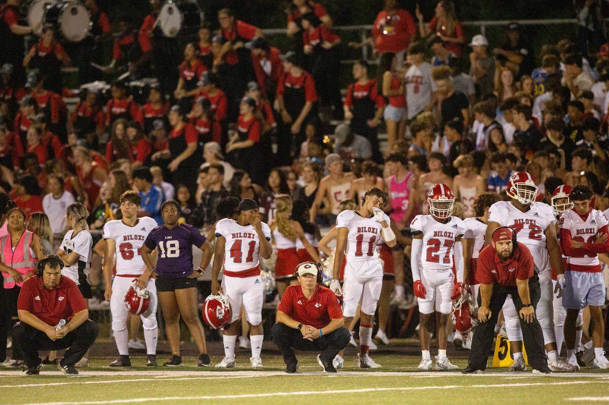 Biloxi reacts after D’Iberville scores during a game at Warriors Stadium in D’Iberville on Friday, Sept. 23, 2022.