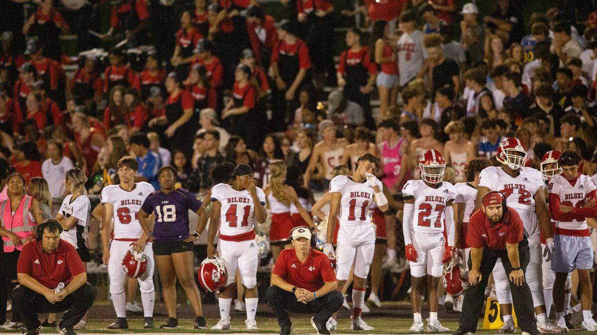 Biloxi reacts after D’Iberville scores during a game at Warriors Stadium in D’Iberville on Friday, Sept. 23, 2022.