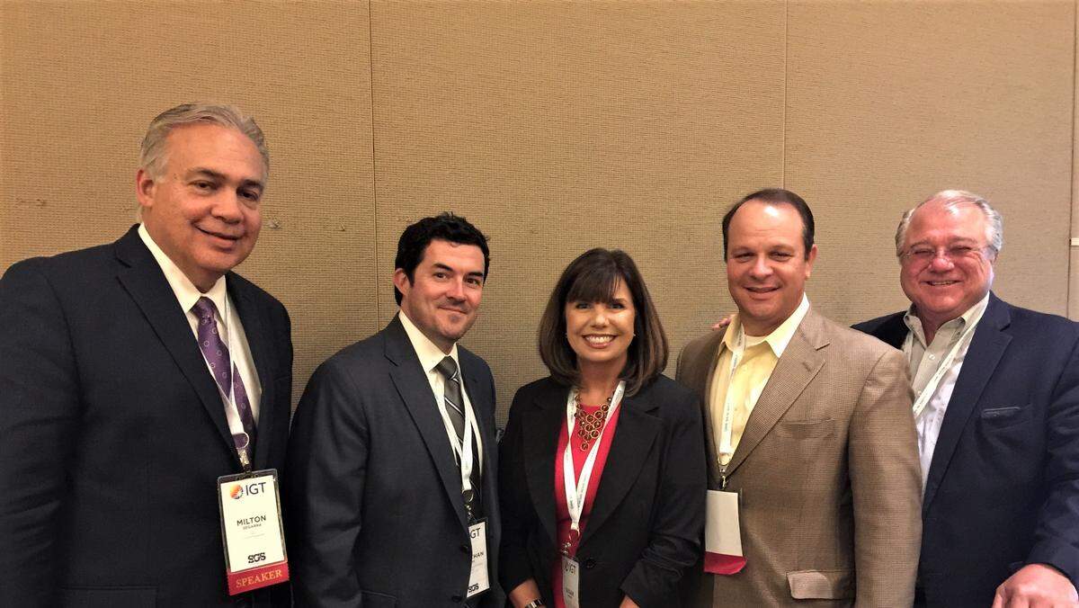 Speaking about sports betting and tourism at the 2019 Southern Gaming Summit in Biloxi are, from left: Milton Segarra, formet CEO of Coastal Mississippi; Jonathan Jones, general manager of Harrah’s Gulf Coast; Susan Varnes, general manager of Treasure Bay Casino Biloxi; Chett Harrison, general manager of Golden Nugget Biloxi, and Duncan McKenzie, former general manager of IP Casino Biloxi. Jones and Harrison are expected to continue to lead their Biloxi casinos as Fertitta Entertainment buys Caesars Entertainment.