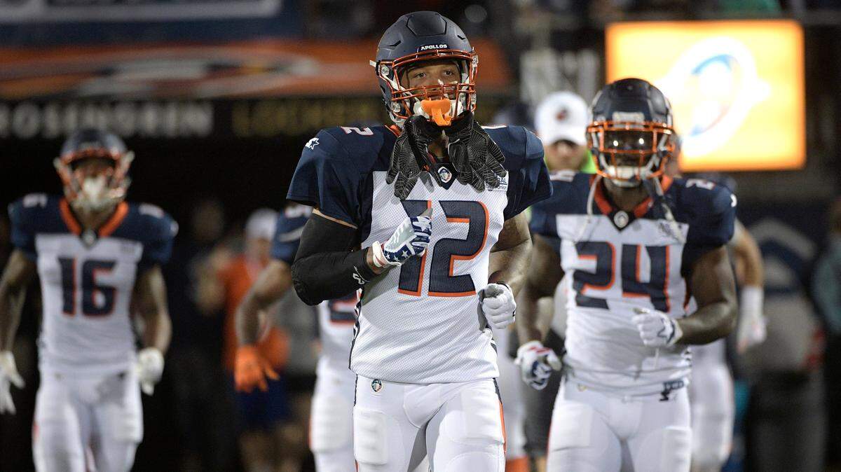Orlando Apollos receiver Charles Johnson (12) runs onto the field during player introductions before an AAF football game against the Atlanta Legends on Feb. 9 in Orlando.