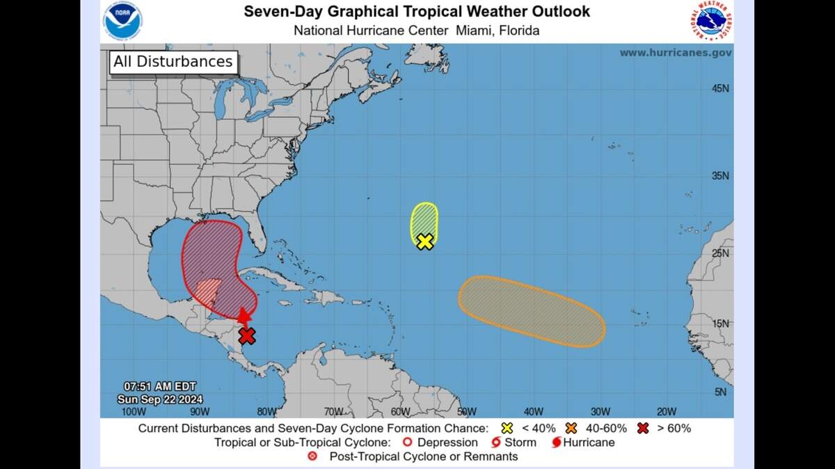 The National Hurricane Center shows the outlook for a tropical storm forming from a system in the Caribbean Sea.