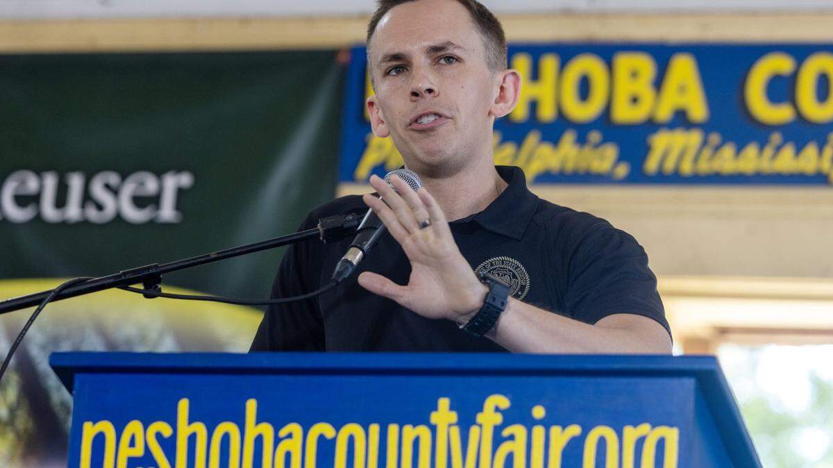 State Auditor Shad White speaks during the Neshoba County Fair in 2024. 