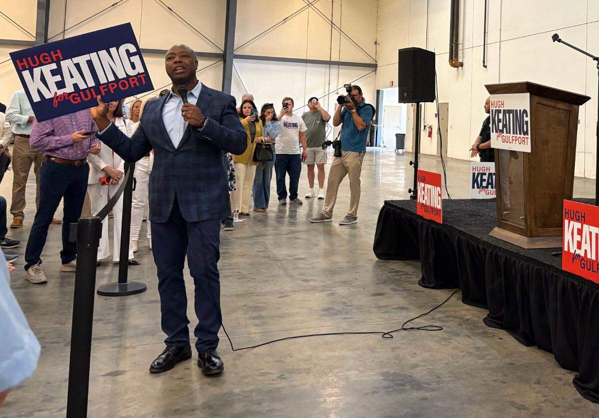 U.S. Sen. Tim Scott (R-SC) speaks May 30 in support of Gulfport mayoral candidate Hugh Keating.