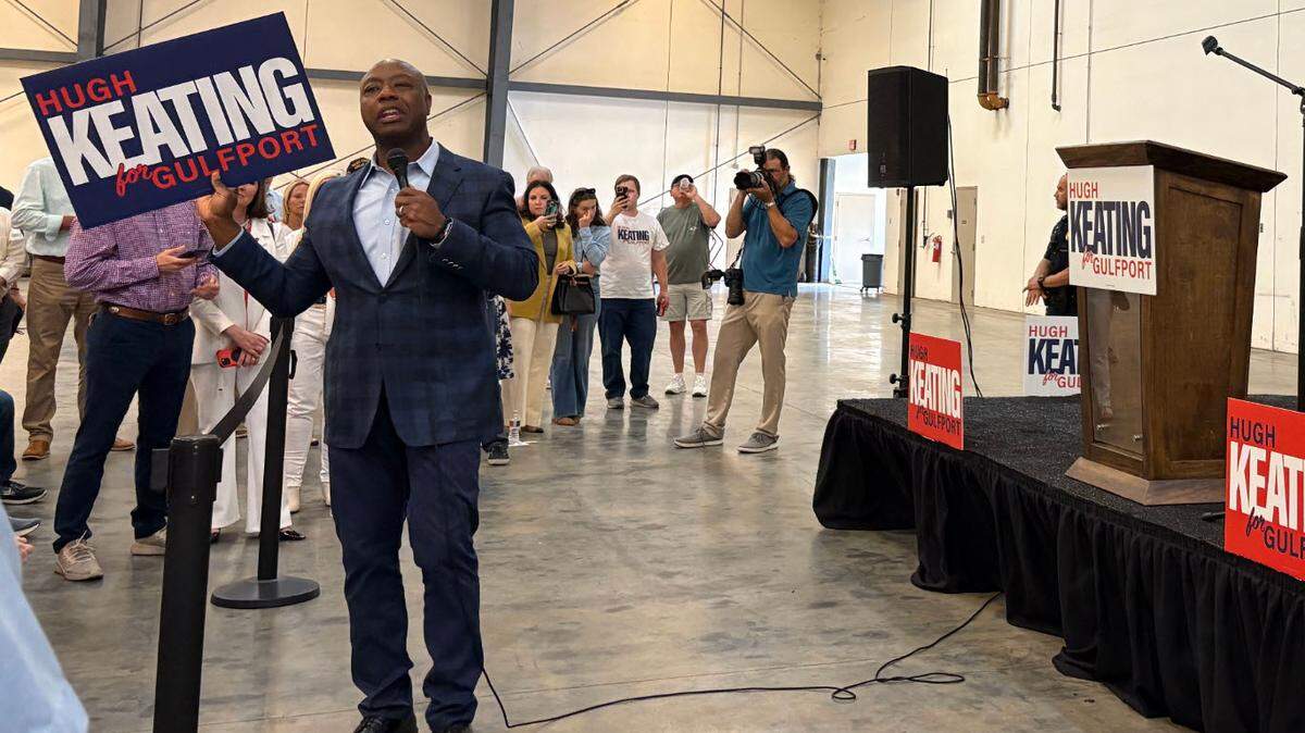 U.S. Sen. Tim Scott (R-SC) speaks Friday, May 30, 2025, in support of Gulfport mayoral candidate Hugh Keating.