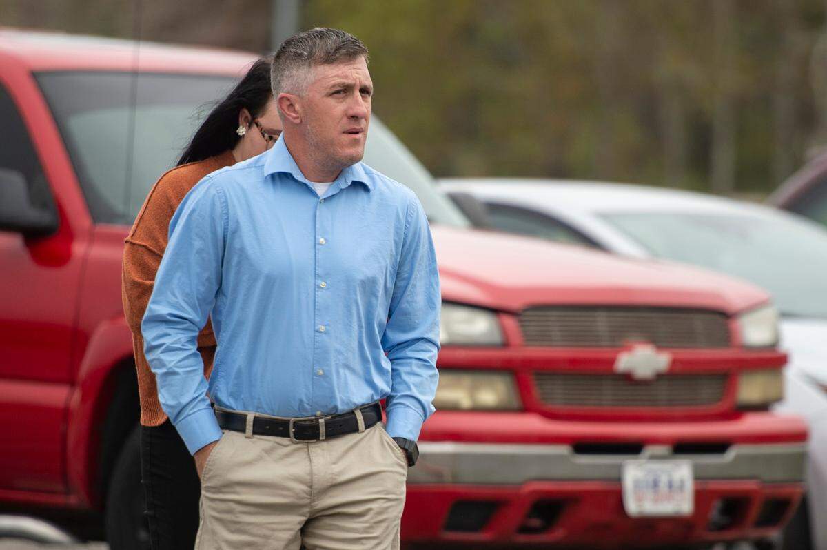 Former Hancock County sheriff’s Deputy Colin Freeman walks into court for his misdemeanor domestic violence trial at the Hancock County Public Safety Complex in Bay St. Louis on Tuesday, Dec. 7, 2021.