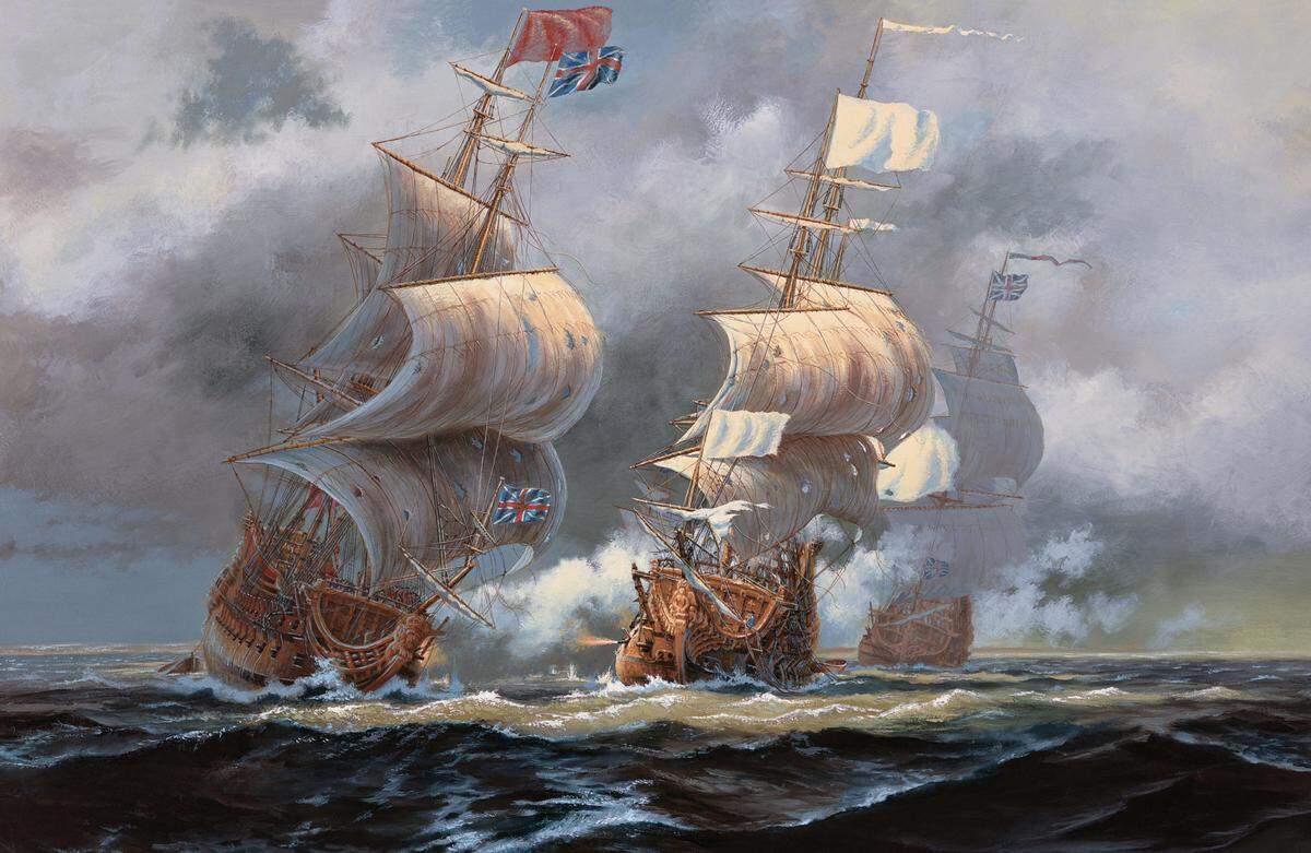 The Royal Navy fourth-rate frigate Hampshire (at left) exchanges broadsides with the French fourth-rate ship of the line Pélican (at center) as two other English vessels seek to intervene on Sept. 5, 1697. D’Iberville was captain of the Pélican before his expedition to the Gulf Coast.