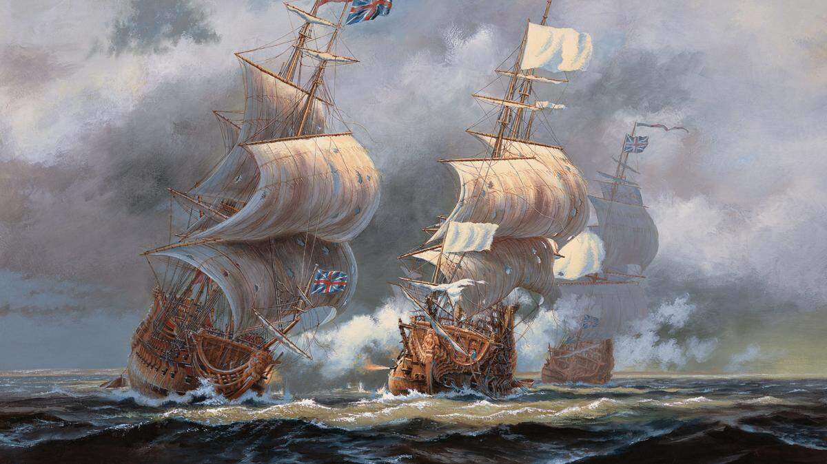 The Royal Navy fourth-rate frigate Hampshire (at left) exchanges broadsides with the French fourth-rate ship of the line Pélican (at center) as two other English vessels seek to intervene on Sept. 5, 1697. D’Iberville was captain of the Pélican before his expedition to the Gulf Coast.