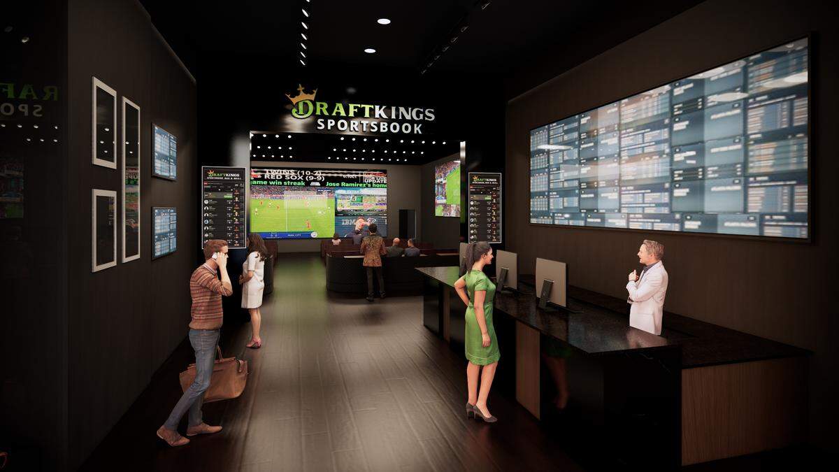 This rendering shows the sleek new betting area coming in the new DraftKings retail sportsbook at Golden Nugget Casino Biloxi.