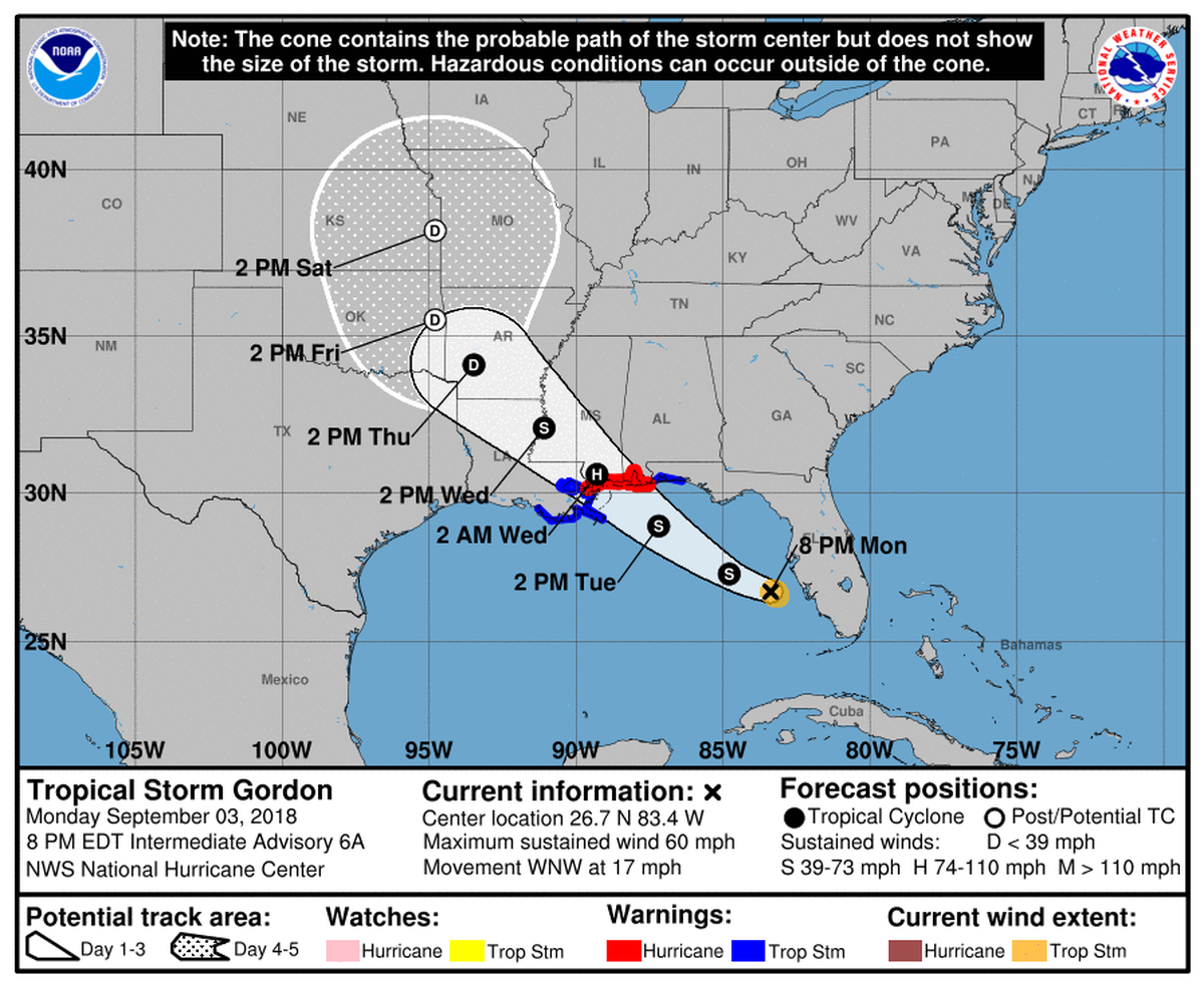 Tropical Storm Gordon is expected to make landfall as a hurricane on the Mississippi Gulf Coast, according to the National Weather Service.