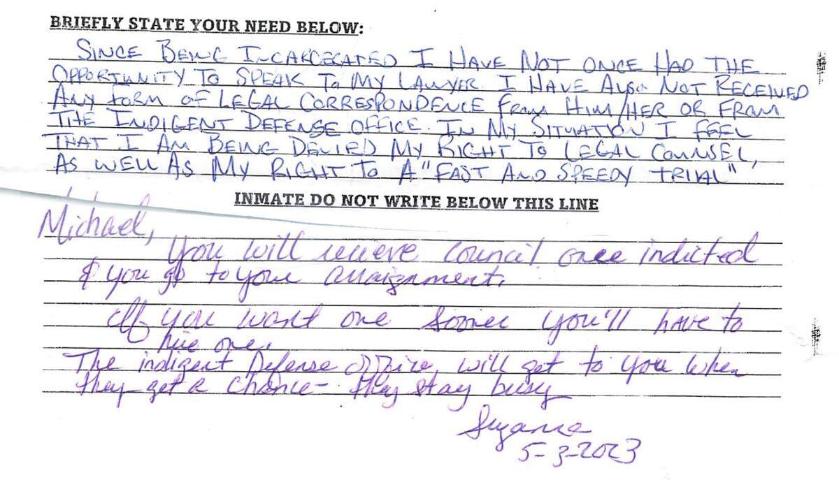 Federal filings show a handwritten complaint and response.